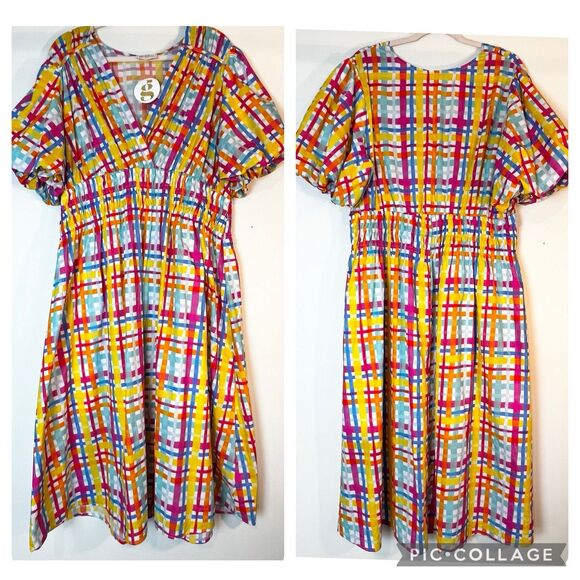 Plaid Midi Dress Colorful Stretch Smocked Waist Pink Yellow Blue NWT Sz 3X - Picture 2 of 16